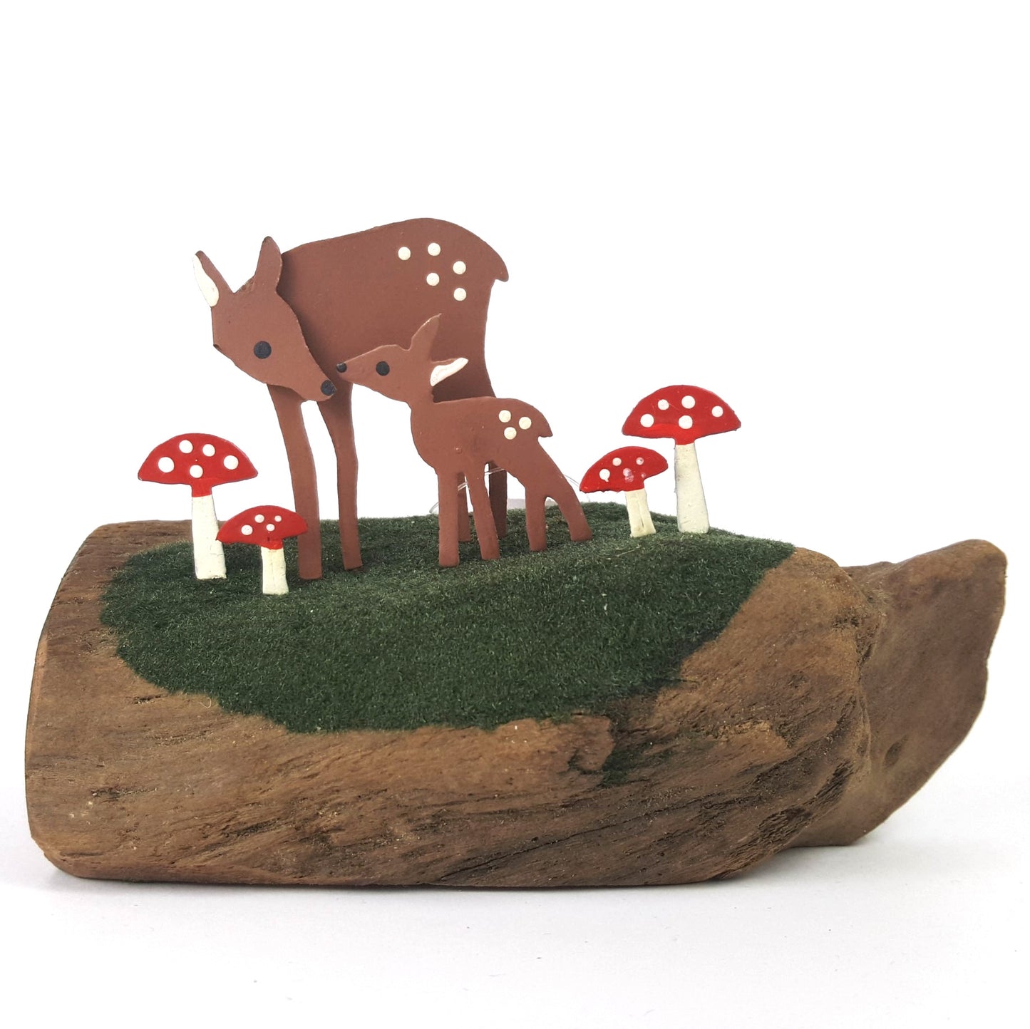 Deer & Fawn on a Toadstool-Covered Wooden Log