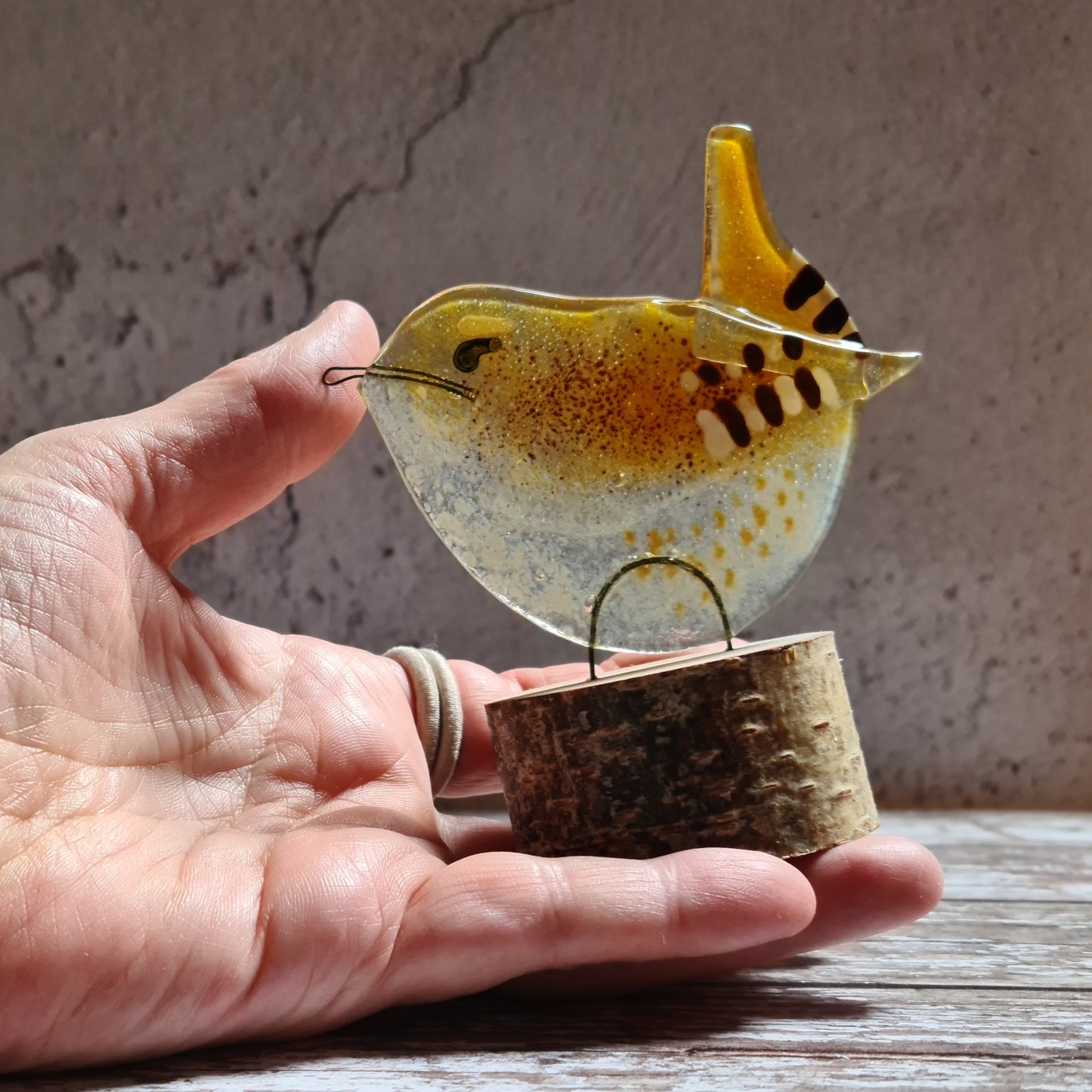 Fused Glass Wren Suncatcher on Log Slice