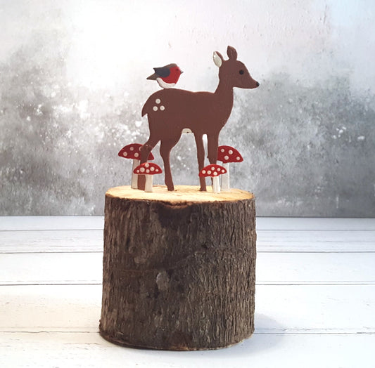 Deer & Robin on a Toadstool-Covered Wooden Log