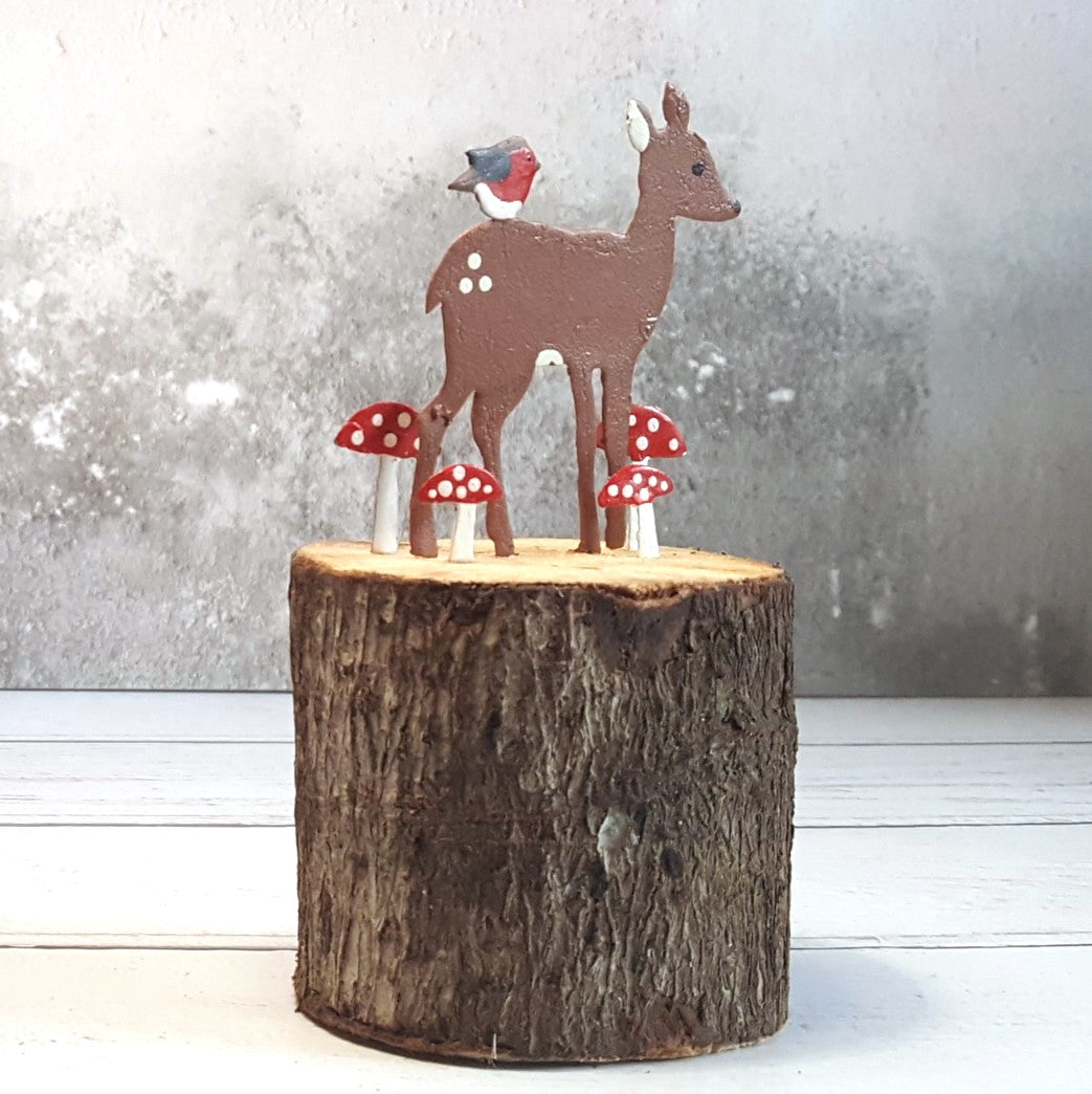 Deer & Robin on a Toadstool-Covered Wooden Log
