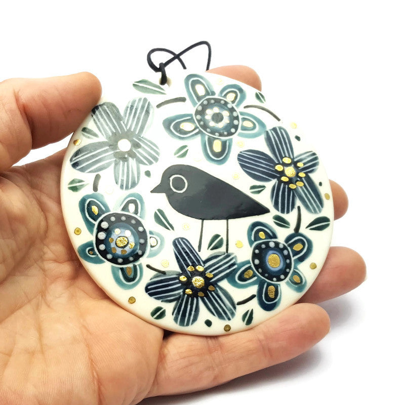 Blackbird among Flowers Porcelain Wall Hanging