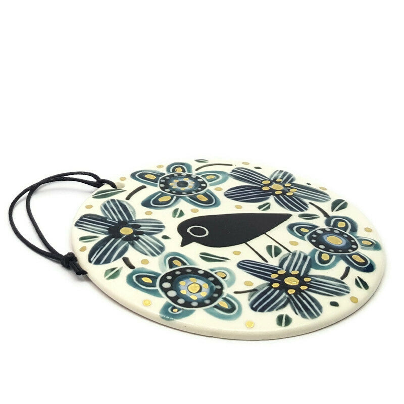 Blackbird among Flowers Porcelain Wall Hanging