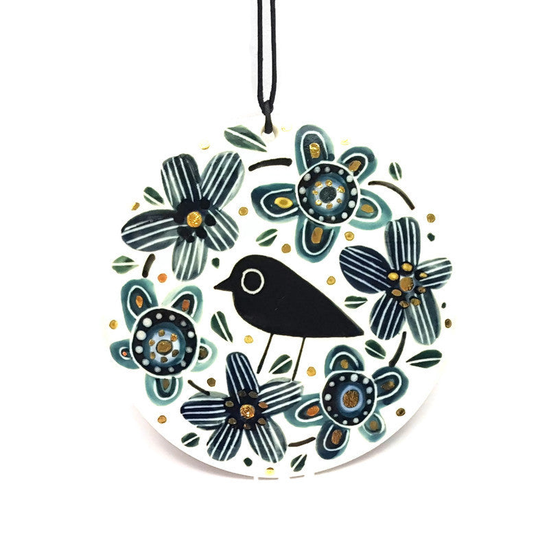 Blackbird among Flowers Porcelain Wall Hanging