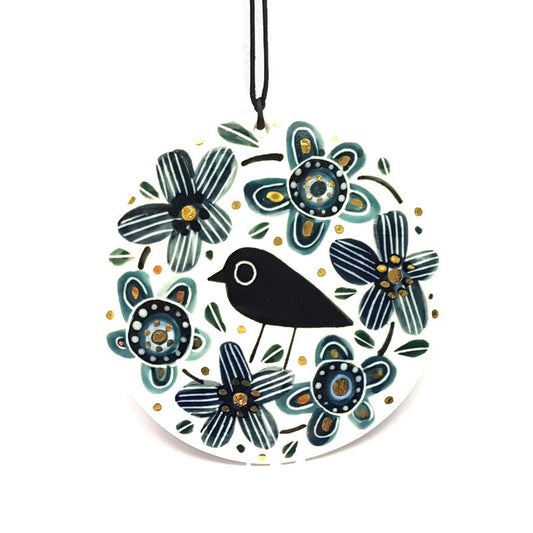 Blackbird among Flowers Porcelain Wall Hanging