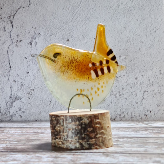 Fused Glass Wren Suncatcher on Log Slice